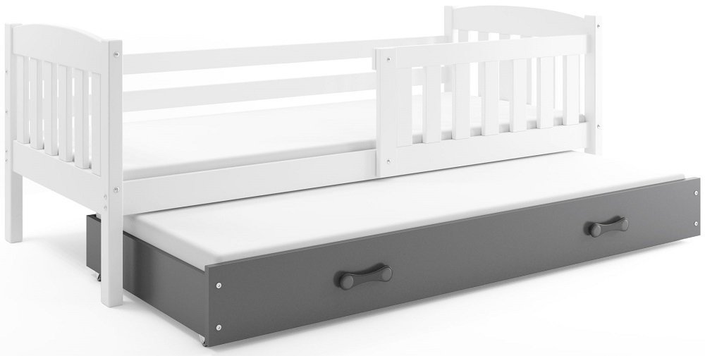 Białe dwuosobowe łóżko Nino z wysuwanym materacem.