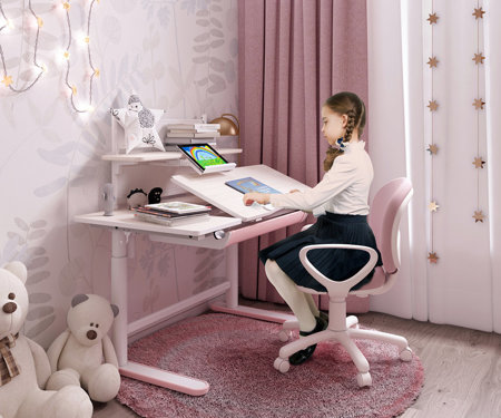 Biurko dziecięce regulowane elektrycznie Goofy z szufladą z różowym stelażem