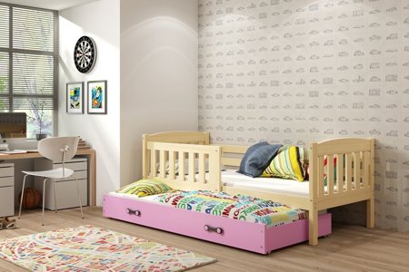 Dwuosobowe łóżko Nino z wysuwanym spaniem 80 x 190 cm w kolorze sosna + różowy
